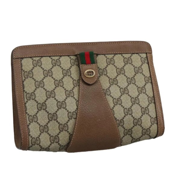 GUCCI GG Supreme Web Sherry Line Clutch Bag PVC Beige Red 89 01 032 Auth 105574 - Picture 1 of 16